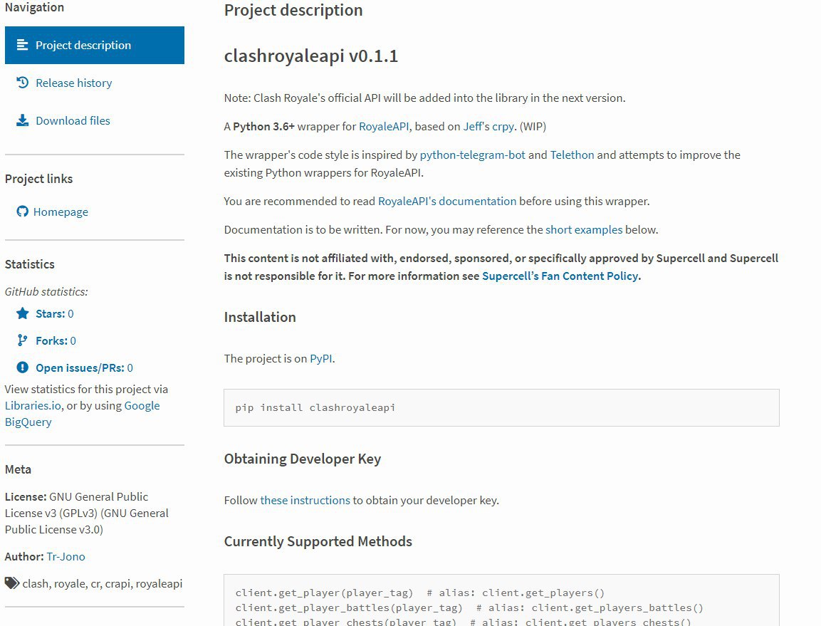 Deleted PyPI page of clashroyaleapi